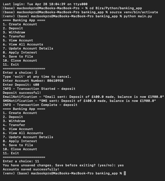 Banking CLI App - Deposit with Notifications