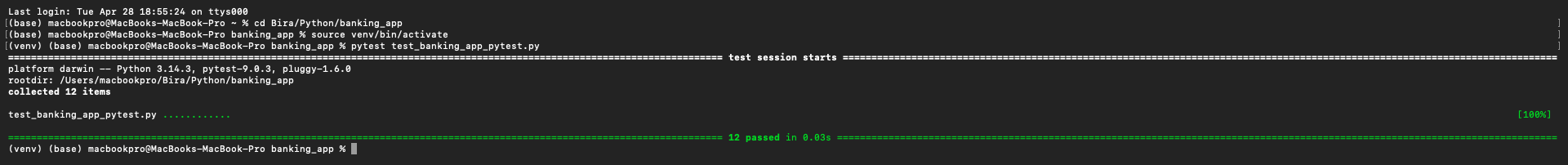 Banking CLI App - Pytest 12 Passed